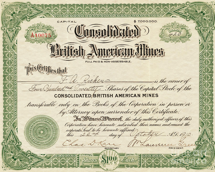 British American Mines Certificate Photograph by Bettmann