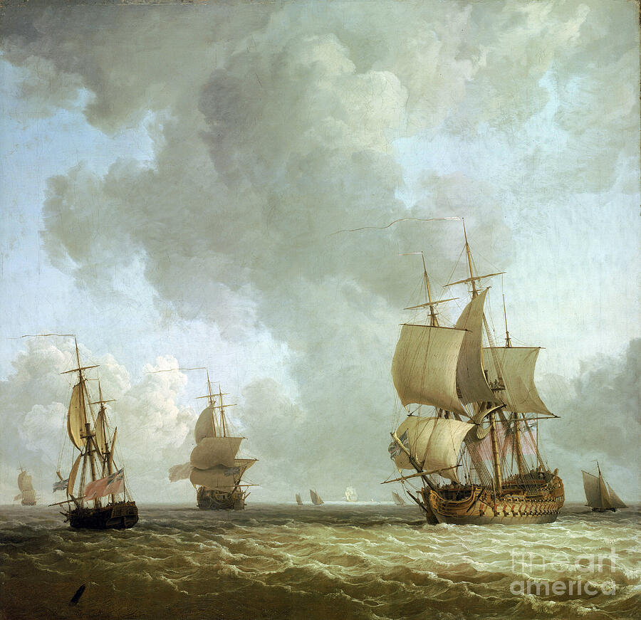 British Royal Navy Ships Blowing In The Ocean Wind Painting by Charles Brooking