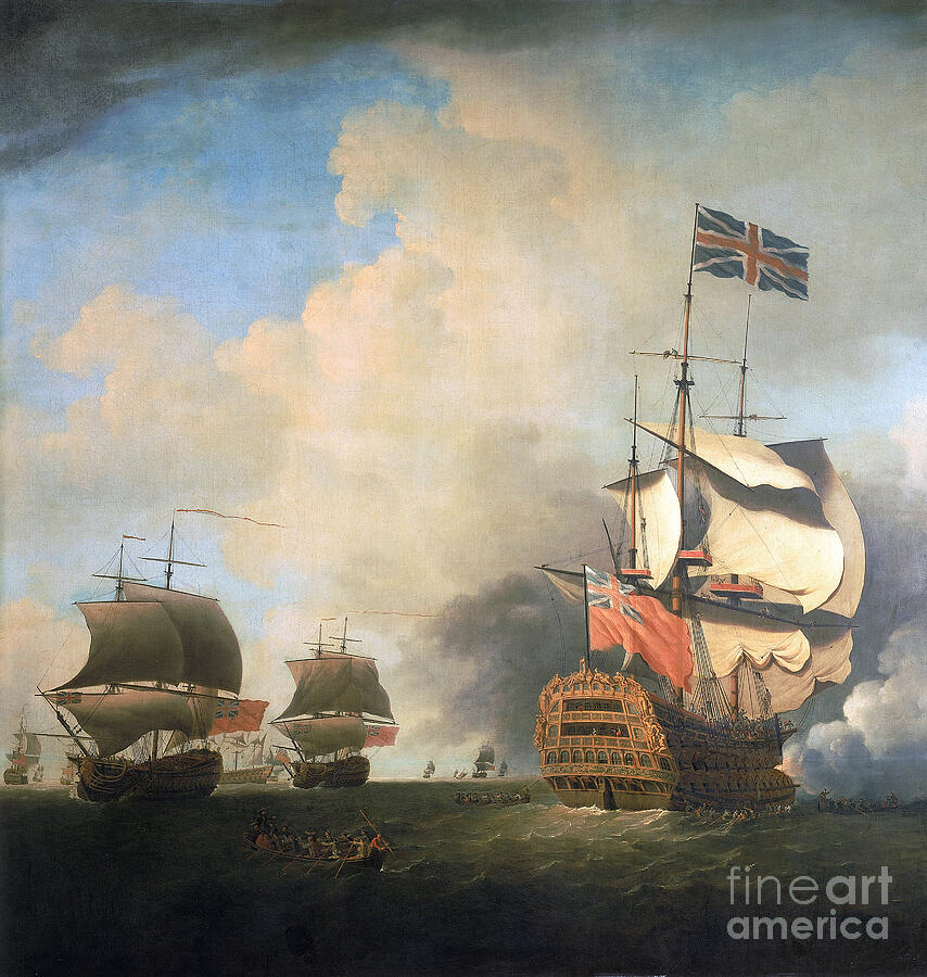 British Royal Navy Warships, Maneuvering Their Sails In The Wind Painting by Samuel Scott