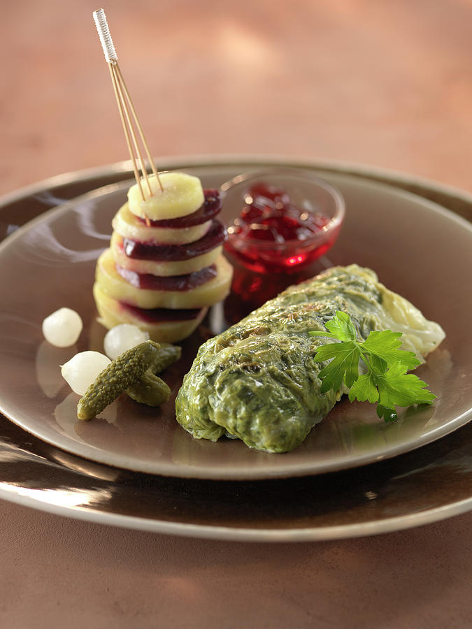 British-style Stuffed Cabbage,potato And Beetroot Samoura,gherkins,pickled Onions And Redcurrant Jelly Photograph by Rivire