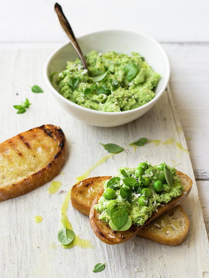 Broad Bean And Pea Spread With Basil And Parmesan On Toasted Bread Photograph by Zuzanna Ploch
