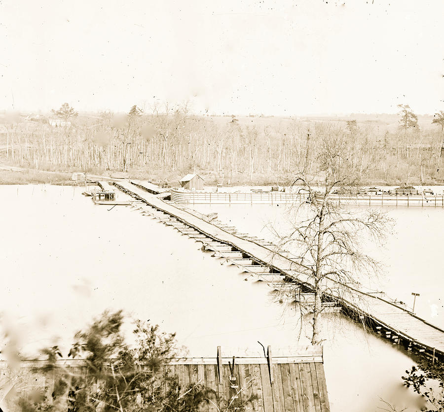 Broadway Landing, Virginia. Pontoon bridge across the Appomattox River Painting by 