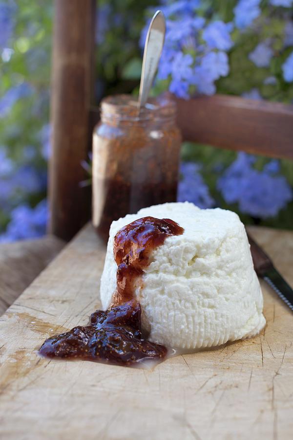 Brocciu corsican Cream Cheese Made From Sheep Or Cows Milk With Fig Chutney On A Wooden Board Photograph by Sabine Lscher