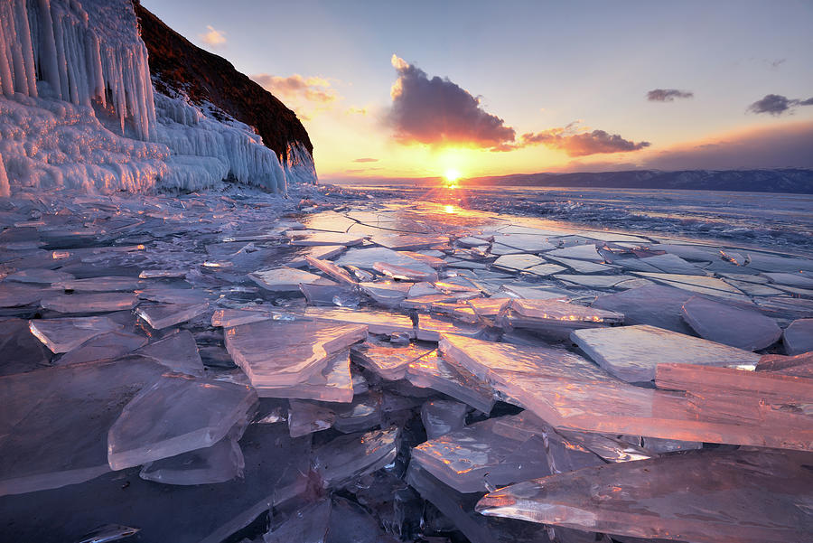 Broken Ice At Sunset, Baikal Lake, Olkhon Island, Siberia, Russia 