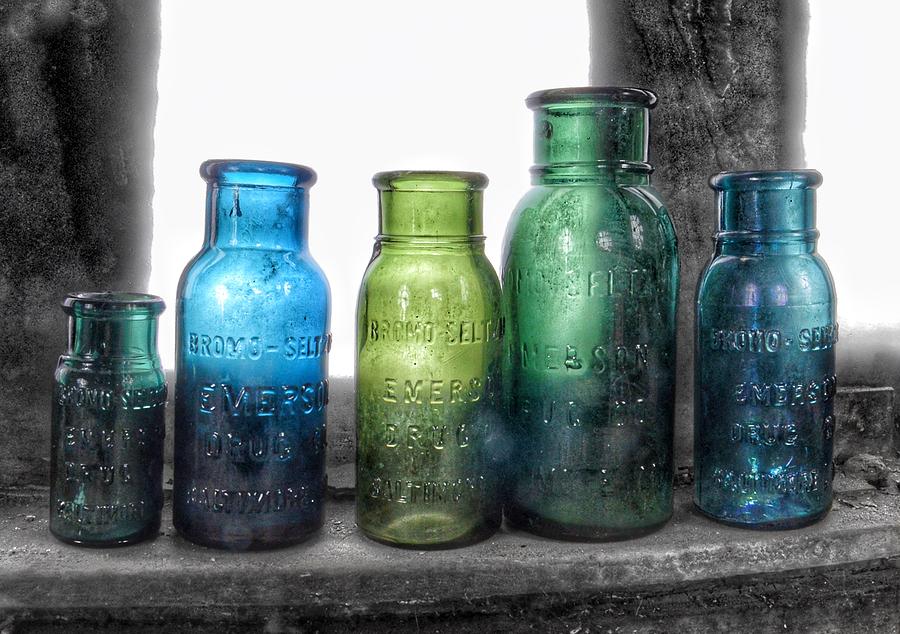 Bromo Seltzer Vintage Glass Bottles Collection - Rare Green And Blue #8 Photograph by Marianna Mills
