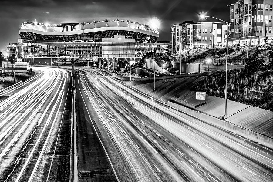 Mile High City Lights And Football Stadium In Black And White Photograph