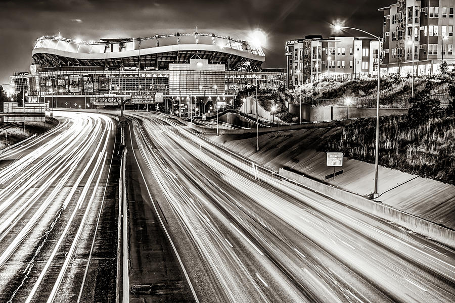 Denver Broncos Photograph - Mile High City Lights and Football Stadium in Sepia by Gregory Ballos