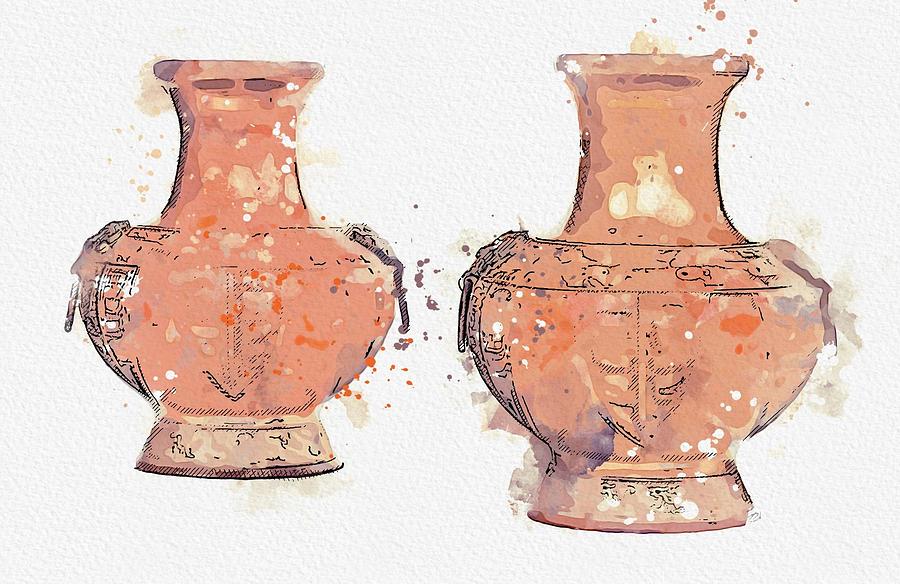 bronze baluster vases Japan, Meiji period watercolor by Ahmet Asar Painting by Celestial Images