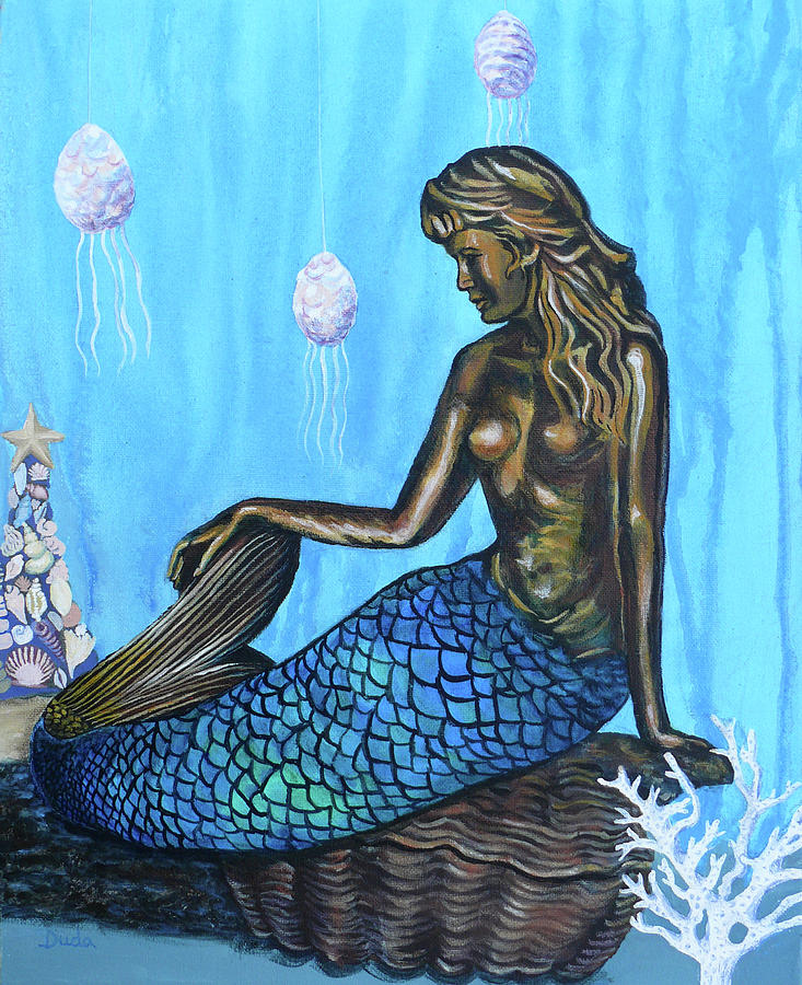Bronze Merry Mermaid lamp Painting by Susan Duda