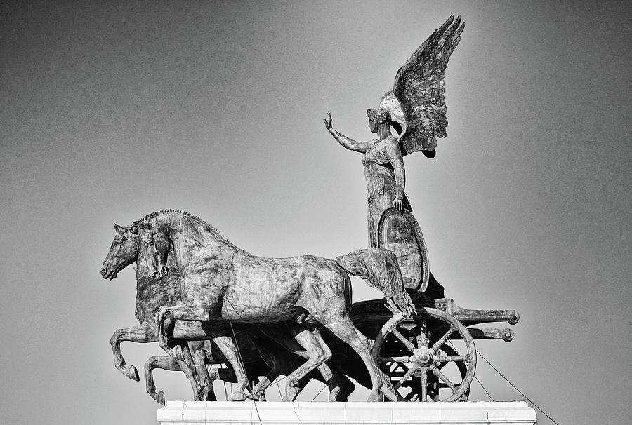 Bronze Sculpture of Goddess Victoria Riding Quadrigas Rome Italy Black and White Photograph by Shawn OBrien