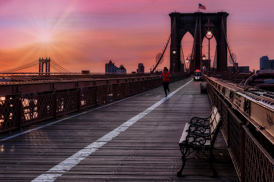 Brooklyn and Manhattan Bridge NYC Sunrise Photograph by Susan Candelario