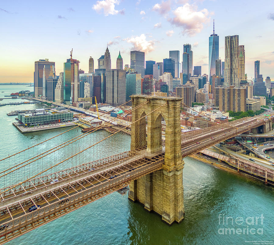 Brooklyn Bridge and Lower Manhattan at Sunrise Photograph by Mike Gearin