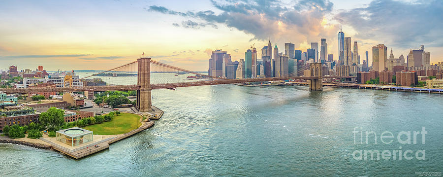 Brooklyn Bridge and Manhattan, NYC Sunrise Panorama Photograph by Mike Gearin
