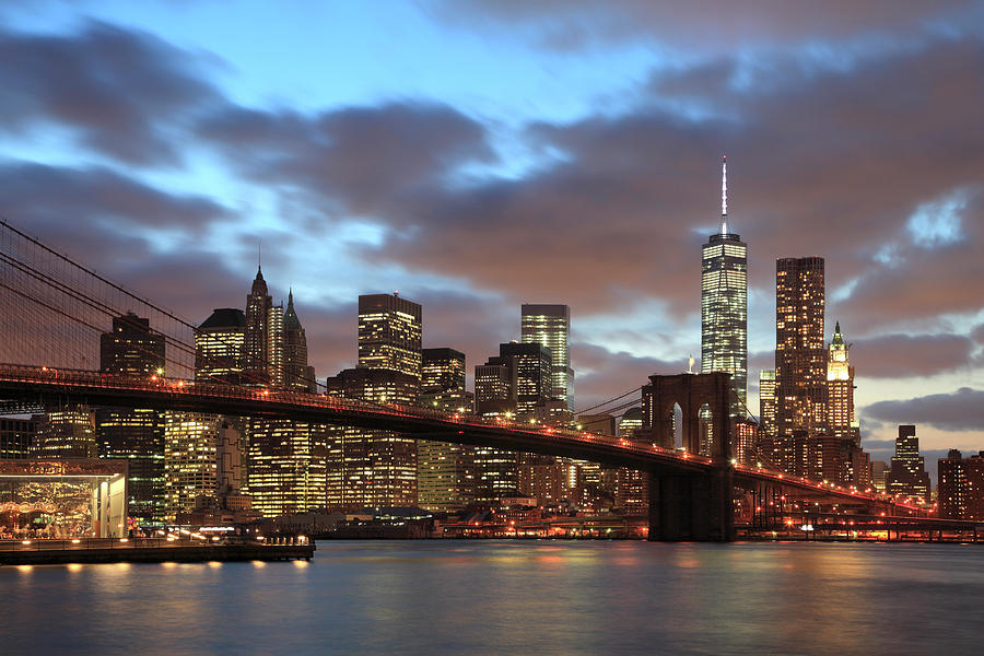 Brooklyn Bridge Manhattan Skyline at Night Photograph by Wendy Connett
