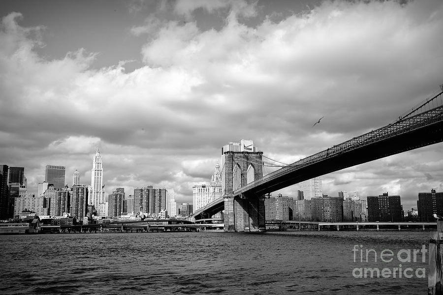 Brooklyn Bridge over East River NY BW Photograph by Chuck Kuhn