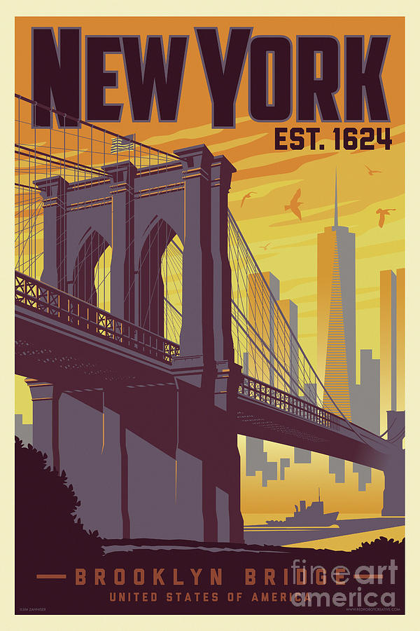 Brooklyn Digital Art - Brooklyn Bridge Poster - New York Vintage by Jim Zahniser