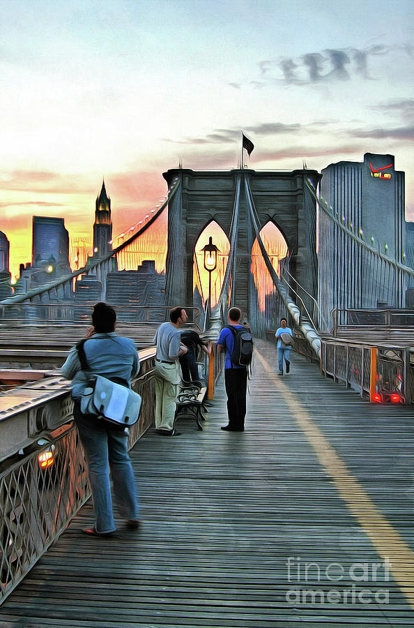 Brooklyn bridge promenade during dusk time Painting by George Atsametakis