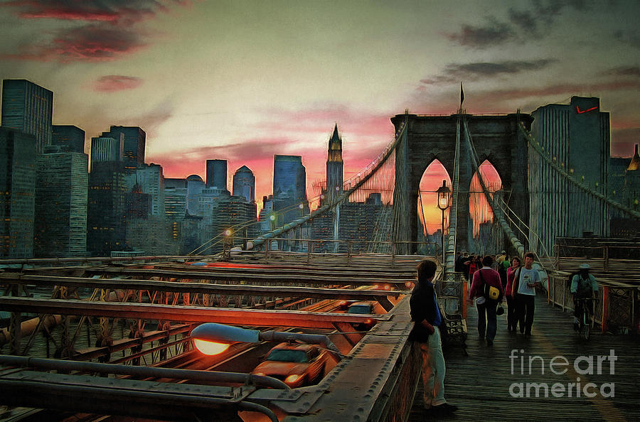Brooklyn bridge promenade during dusk time II Painting by George Atsametakis