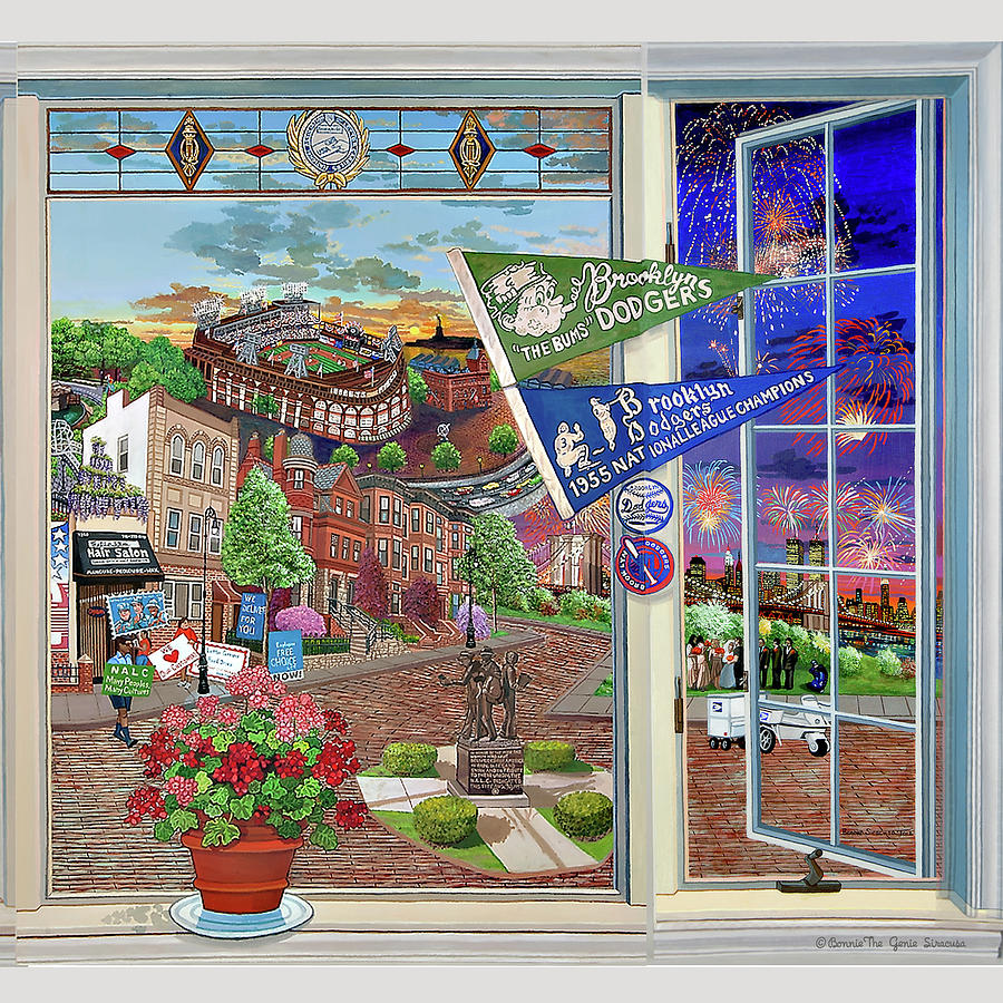 Brooklyn Picture Window Pillow Mural #3 Painting by Bonnie Siracusa