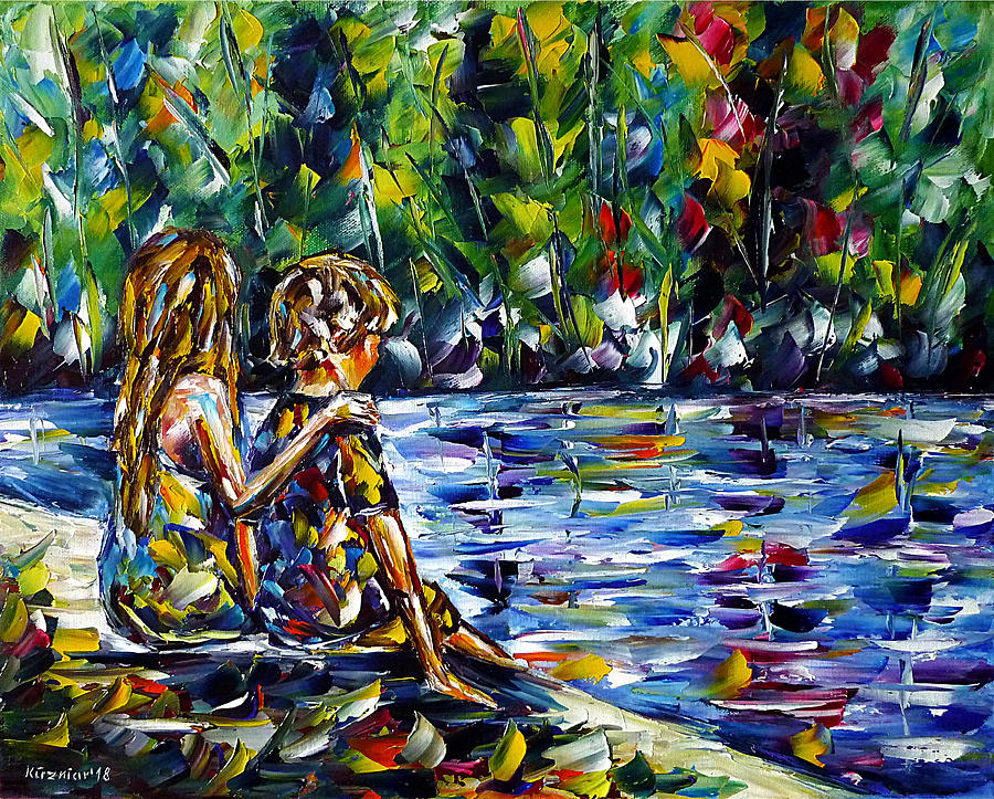 Brother And Sister By The River Painting by Mirek Kuzniar