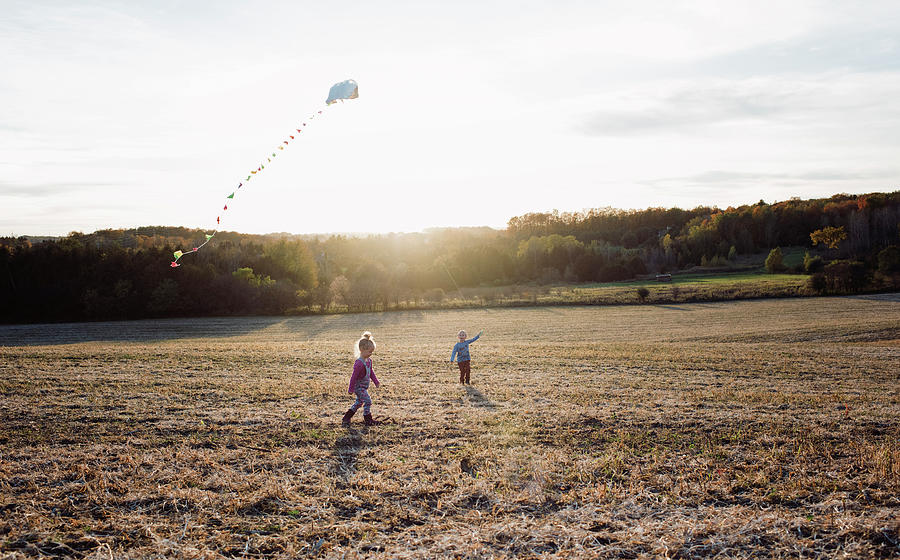 Nature Photograph - Brother Flying Kite While Sister Walking On Field Against Sky by Cavan Images