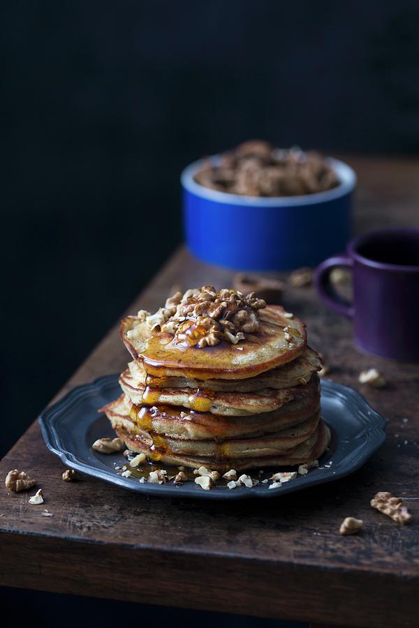 Brown Butter Pancakes With Walnuts And Maple Syrup Photograph by Malgorzata Laniak