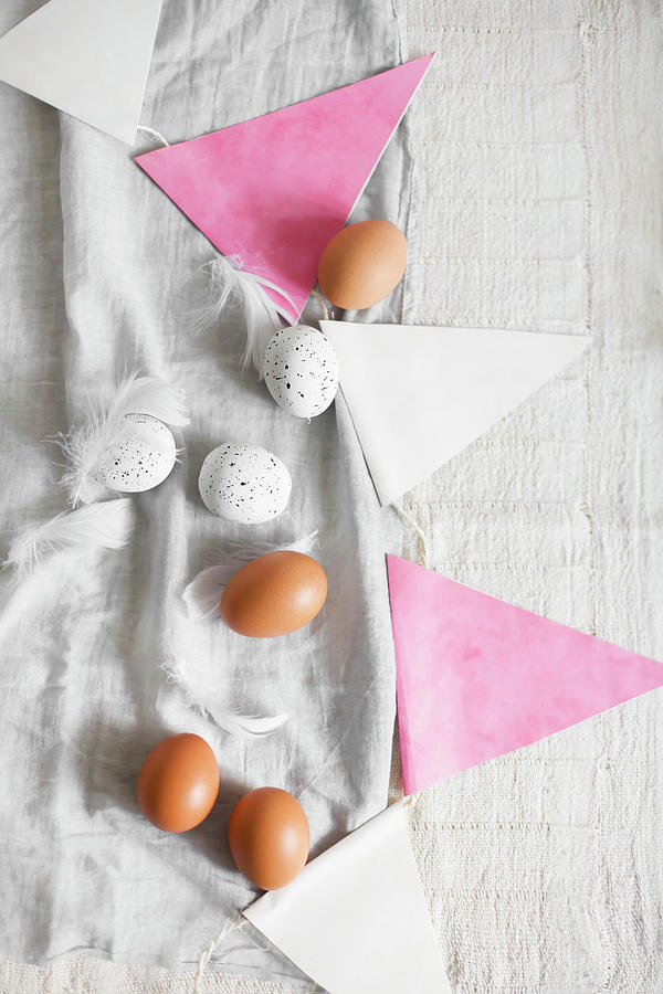 Brown Eggs And White, Speckled Eggs, Feathers And Bunting Photograph by Alicja Koll
