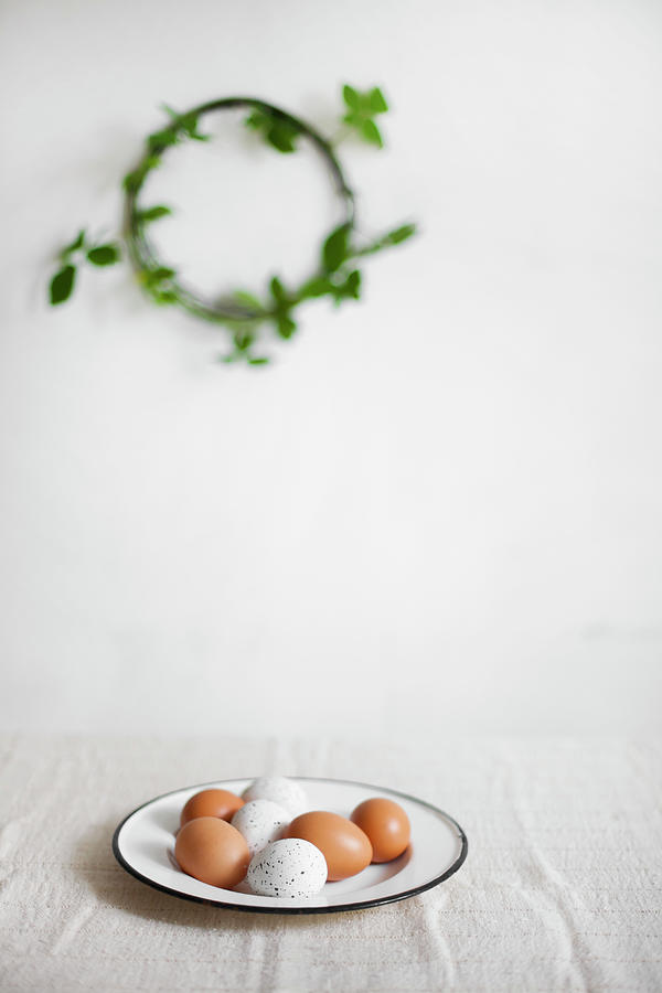 Brown Eggs And White, Speckled Eggs On Enamel Plate With Wreath Of Leafy Branches In Blurred Background Photograph by Alicja Koll