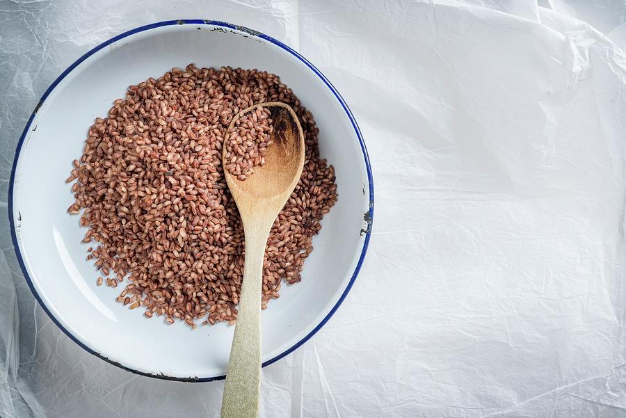 Brown Rice With A Wooden Spoon In An Enamel Dish Photograph by Nitin Kapoor