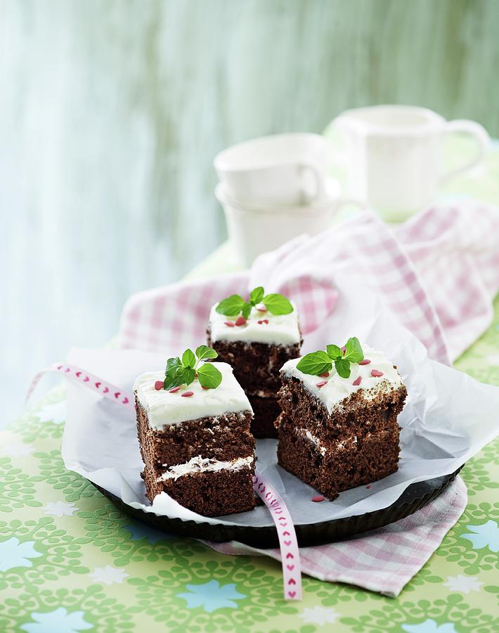 Brownies With Cream Cheese Frosting And Sugar Hearts Photograph by Mikkel Adsbl
