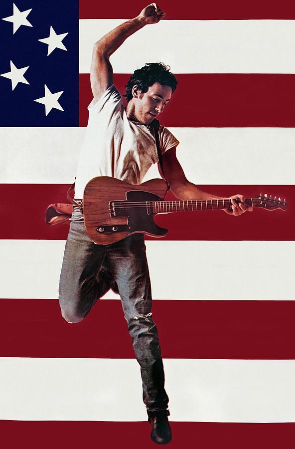 Bruce Springsteen Photograph - Bruce Springsteen Playing Guitar Mid-air Against American Flag by Globe Photos