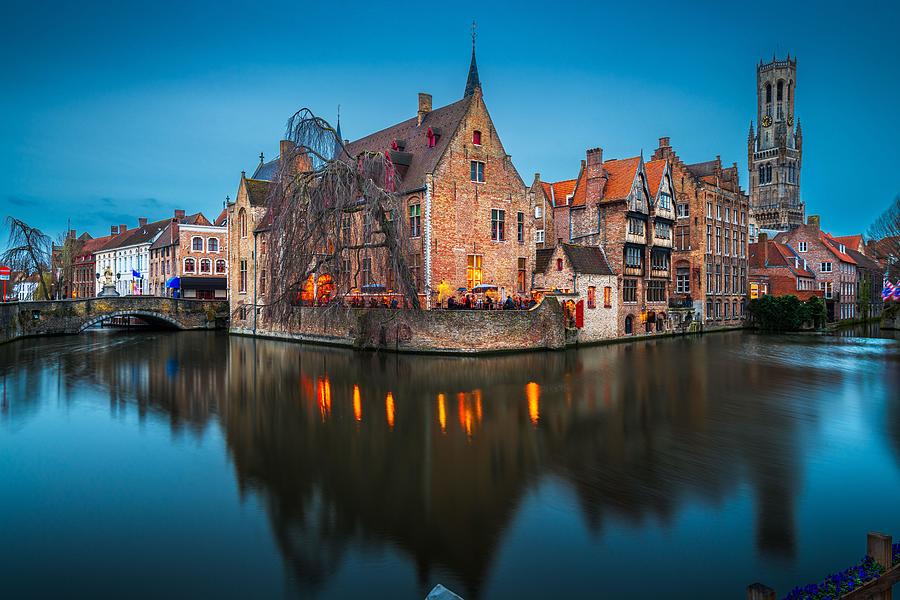Architecture Photograph - Bruges, Belgium Night Scene by Sean Pavone