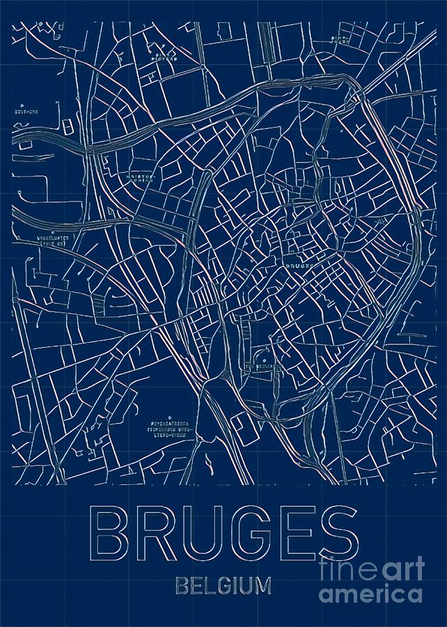 Bruges Blueprint City Map Digital Art by HELGE Art Gallery