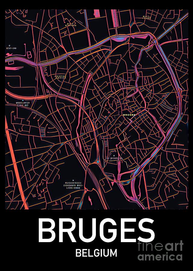 Bruges City Map Digital Art by HELGE Art Gallery