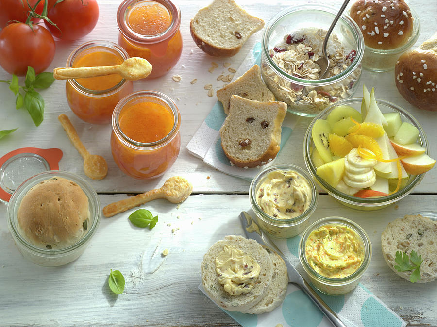 Brunch With Bread Baked In A Glass, Jam, Dips, Muesli And Fruit Salad Photograph by Linda Sonntag