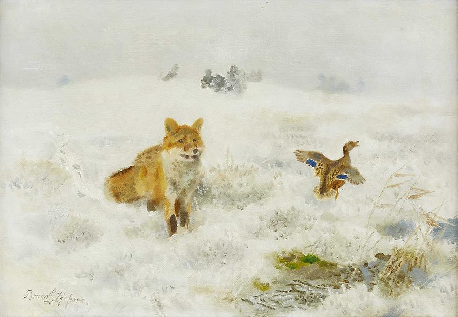 Nature Painting - BRUNO LILJEFORS 1860-1939 Fox and Mallard a winter day by Celestial Images