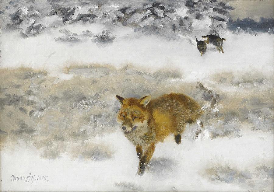 BRUNO LILJEFORS 1860-1939 Fox hunted by stallions in winter landscape ...