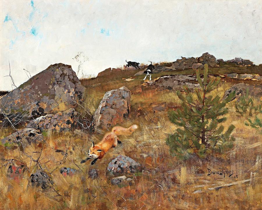 Bruno Liljefors, Fox Chased By Hounds Painting by Celestial Images - Pixels