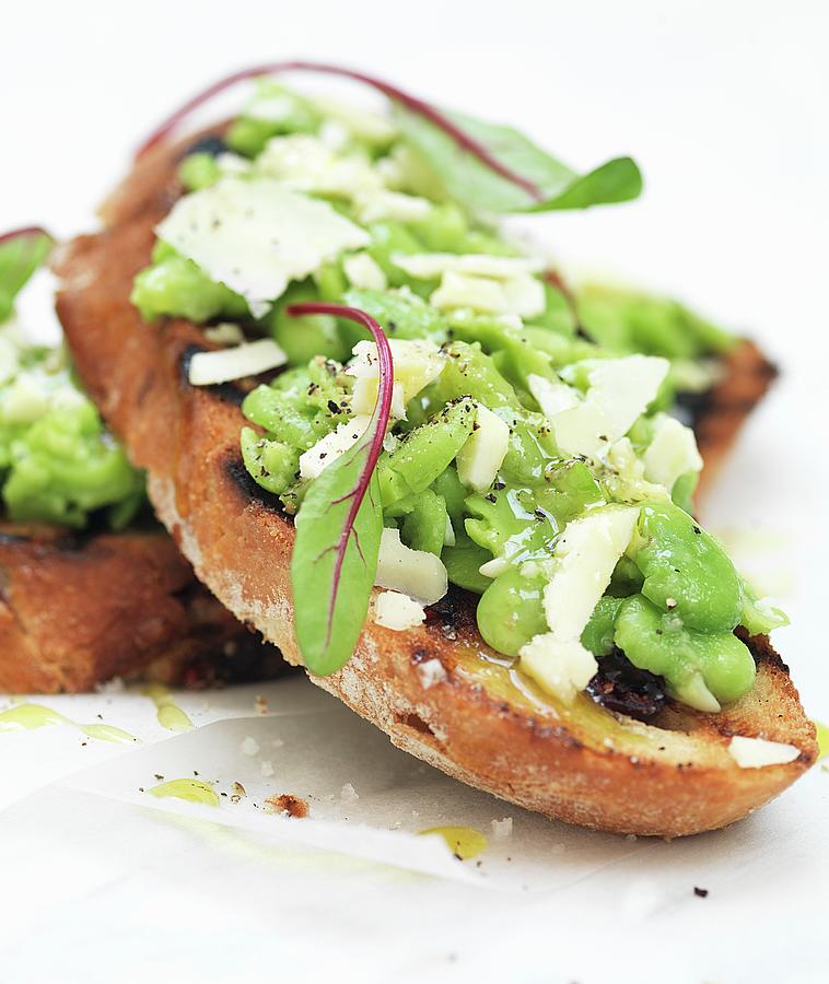 Bruschetta Topped With Broad Beans, Olive And Cheese close-up Photograph by Hugh Johnson
