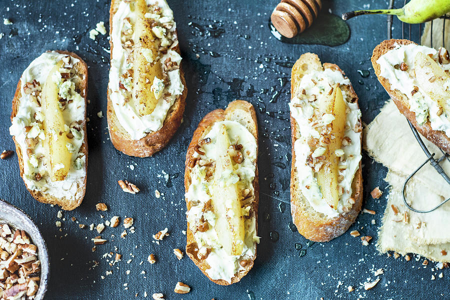 Bruschetta With Cream Cheese And Pear, Nuts And Honey Photograph by Olimpia Davies
