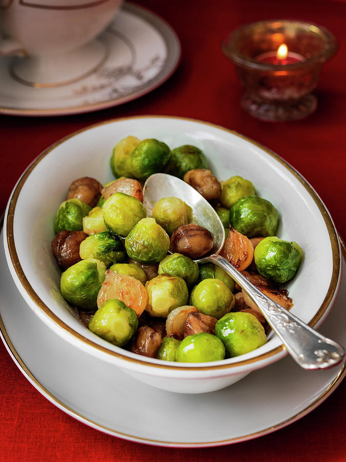 Brussel Sprouts With Chestnuts In Large Serving Dish Photograph by Michael Paul