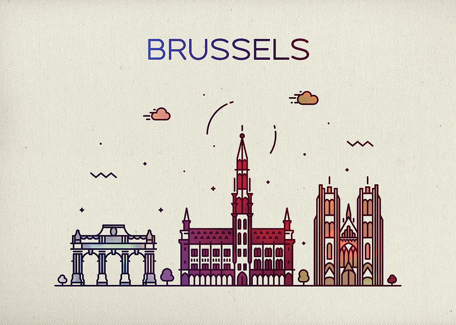 City Mixed Media - Brussels Belgium City Skyline Fun Whimsical Series Wide Bright by Design Turnpike