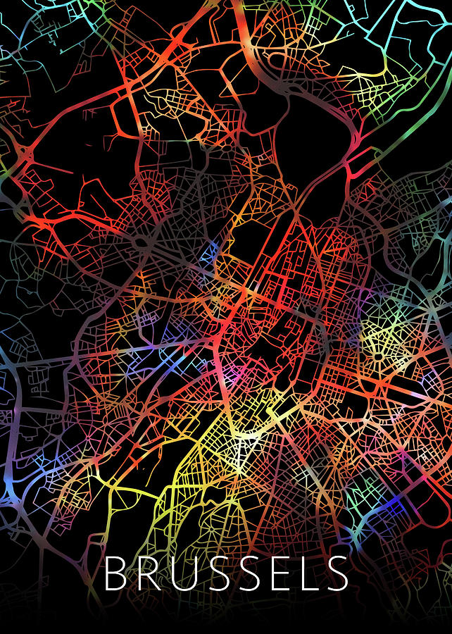 City Mixed Media - Brussels Belgium City Street Map Watercolor Dark Mode by Design Turnpike