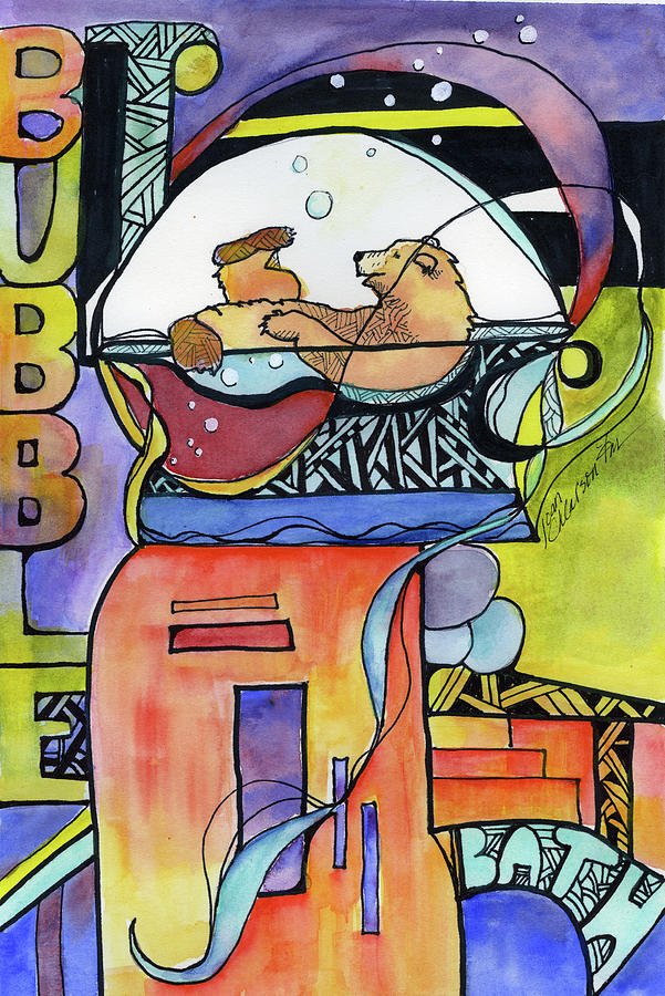 Bubble Bath Bear Painting by Joan Chlarson