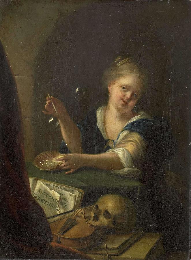 Bubble-blowing Girl with a Vanitas Still Life. Painting by Adriaen van der Werff -manner of-