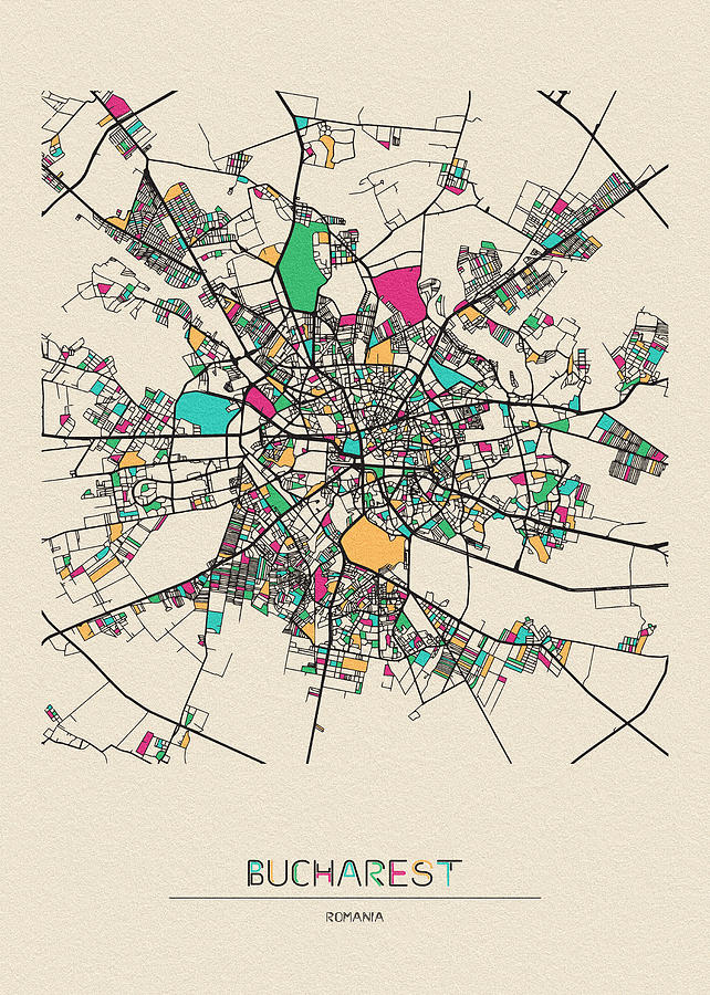 Bucharest, Romania City Map Drawing by Inspirowl Design