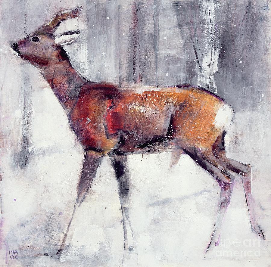 Buck In The Snow, 2000 Mixed Media On Paper Painting by Mark Adlington