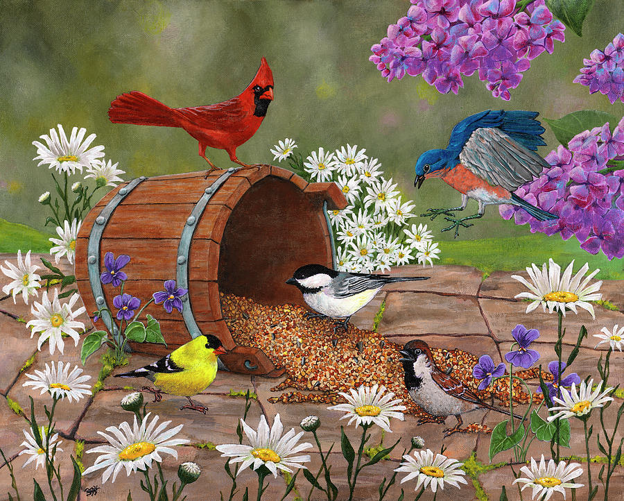 Daisy Painting - Bucket Birds by Kathy Kehoe Bambeck