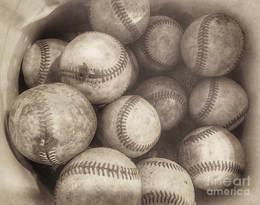 Bucket Of Old Baseballs In Sepia Photograph
