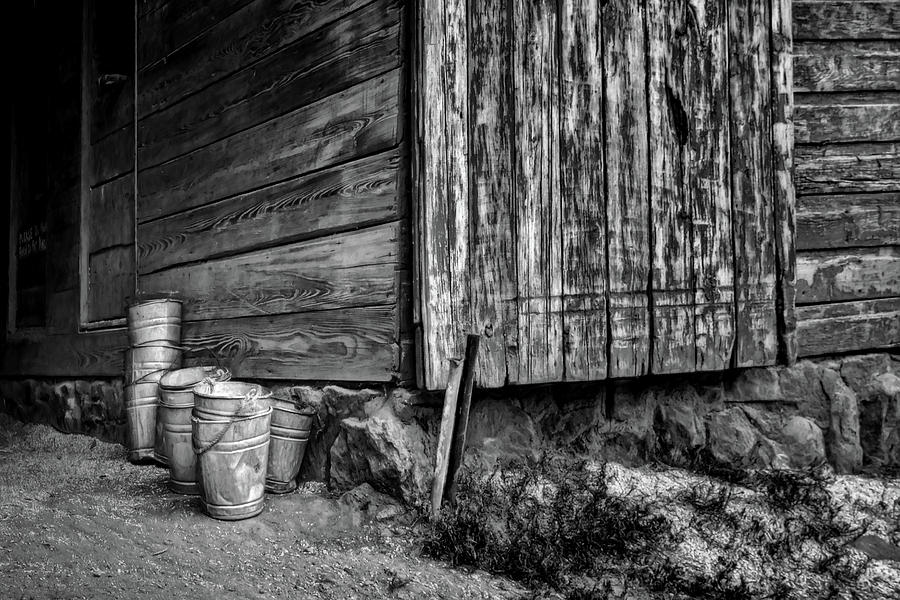 Buckets by the Barn - BW Photograph by Nikolyn McDonald